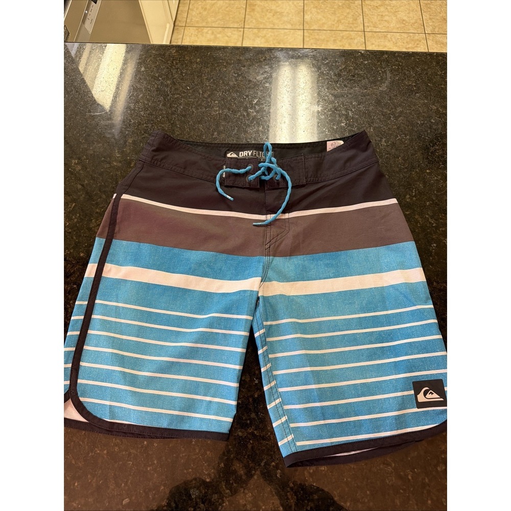 Quiksilver Dry Flight Board Shorts Sz 29 Blue Gray Stripe Surfer Skater Y2K Vibe